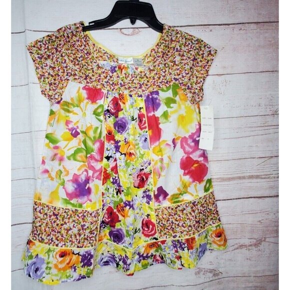 Harve Benard Small Cotton Floral Flare Hem Multicolored Elegant Top - Picture 5 of 10